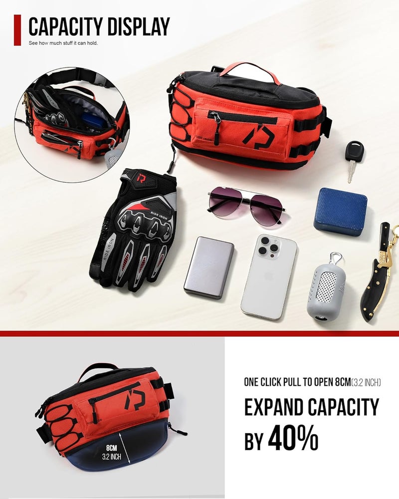 RIDEIRON Fanny Pack, Motorcycle Waist Bag with Adjustable Expansion & Interior Key Loops, Compact Lightweight for Fishing, Cycling, Hiking, Travel, Camping - Image 5